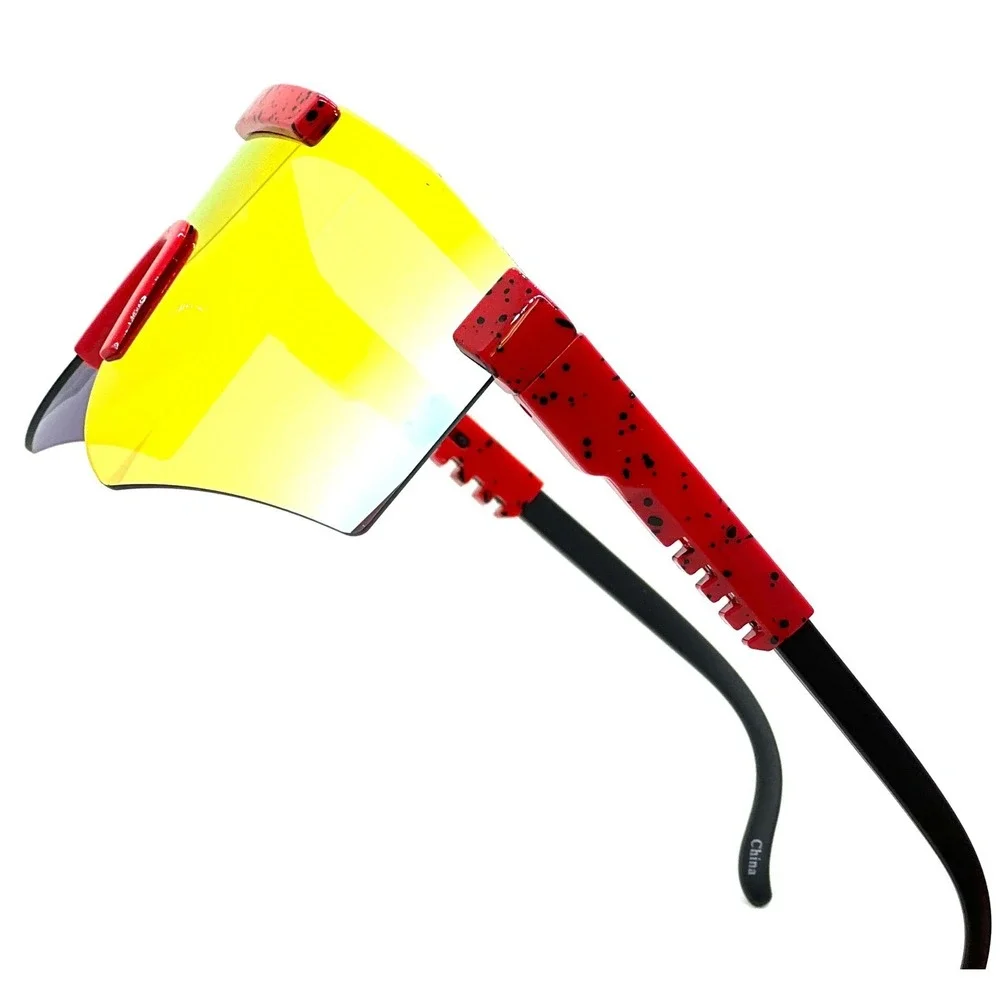 Shield Sunglasses Mirrored Lens Visor Sporty Futuristic Sunnies Red Frame Lentes